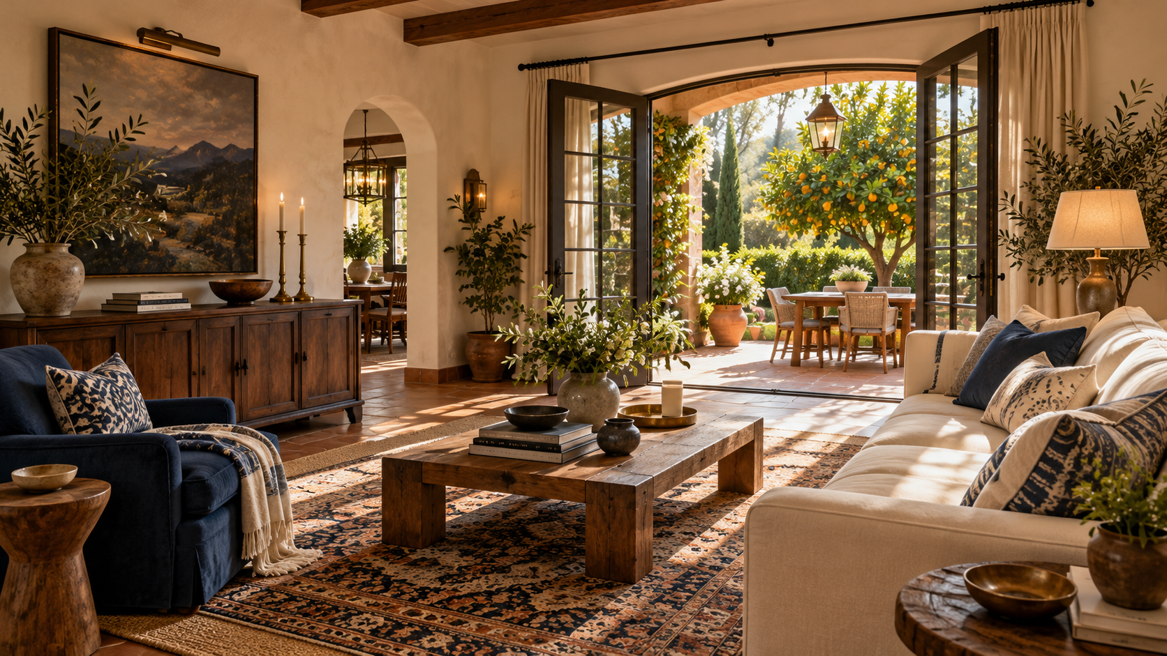 A warmly furnished home opening onto a sunlit garden