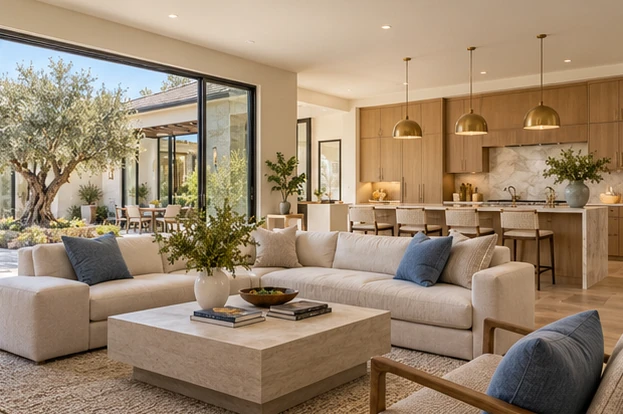 Olive Court Residence — Living room & kitchen
